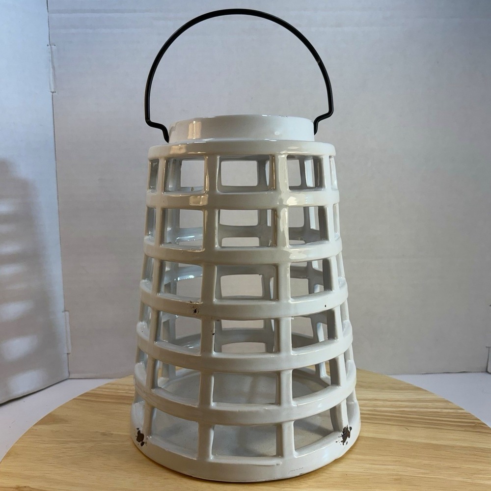 Distressed Rustic Ceramic Lantern Candle Holder White 8x11 20252
